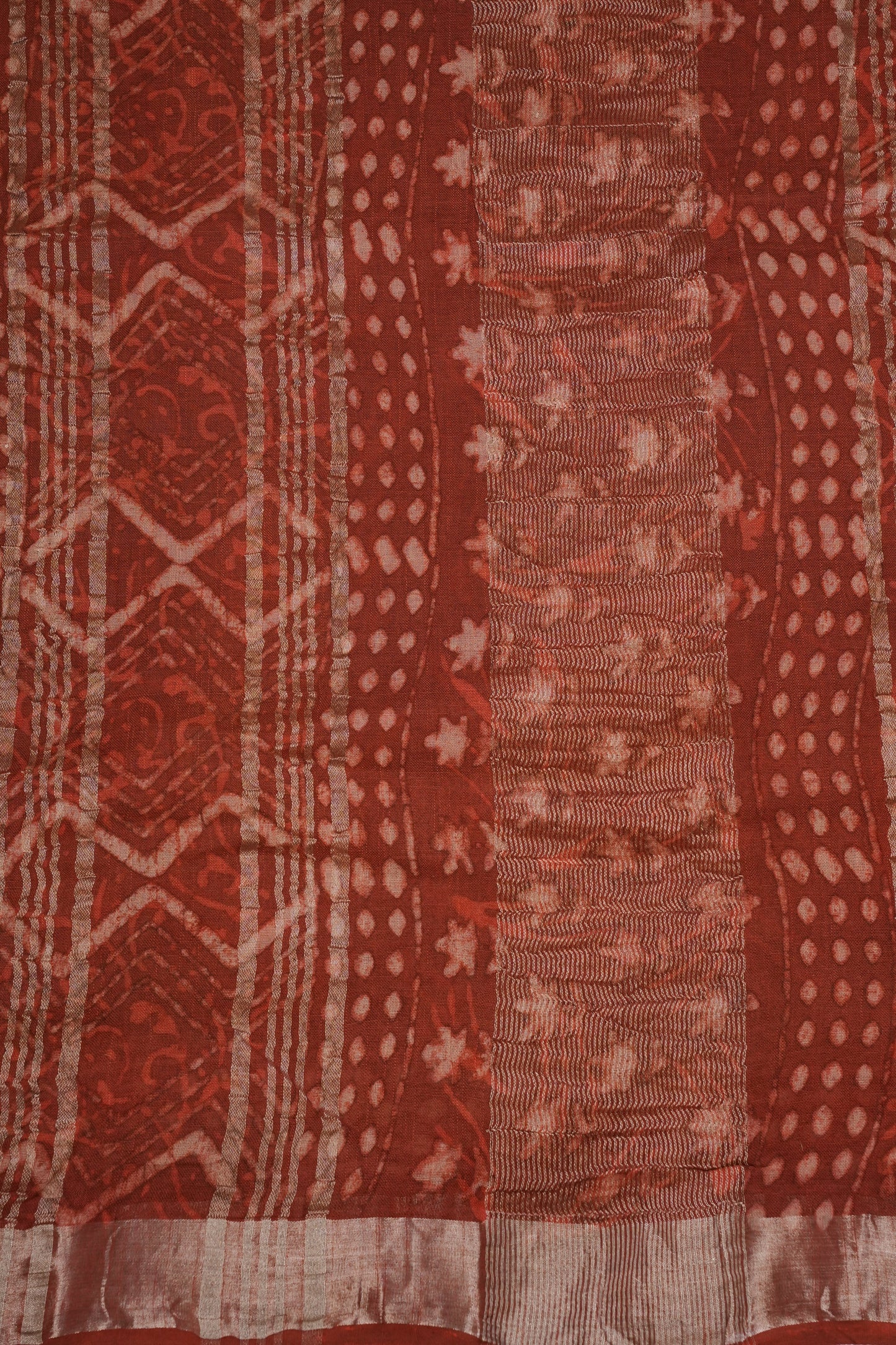 Handcrafted Rust Dabu Print Linen Cotton Saree with Traditional Block Print Patterns