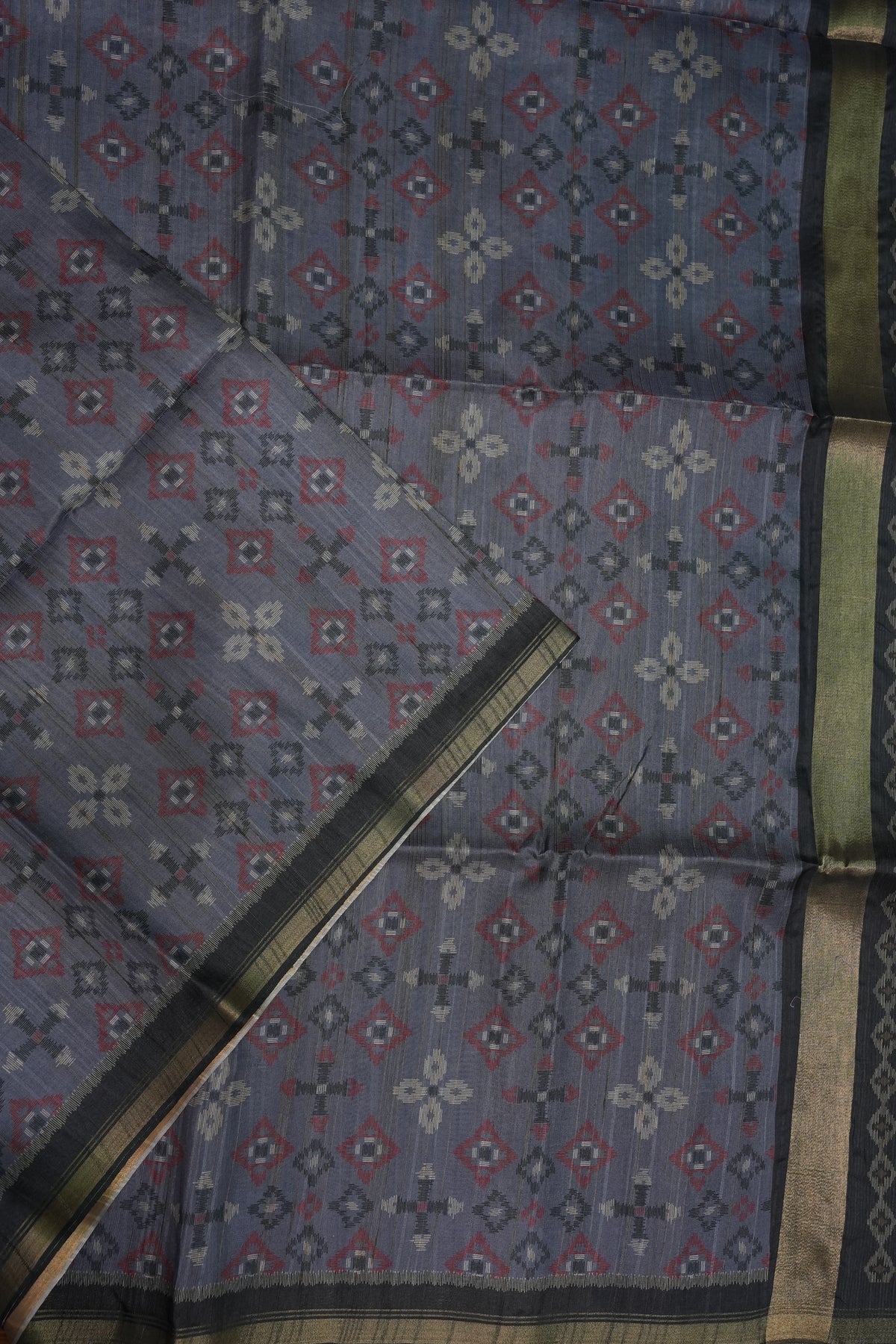 Semi Raw Silk Saree with Digital Patola Prints – Slate Grey & Black
