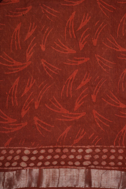 Handcrafted Rust Dabu Print Linen Cotton Saree with Traditional Block Print Patterns