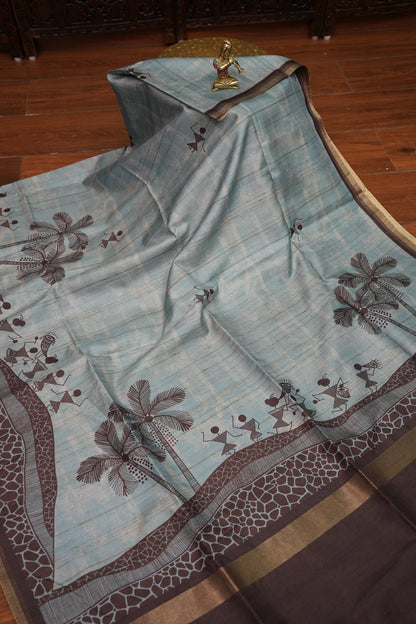 Semi Raw Silk Saree with Warli Digital Prints – Powder Blue & Chocolate Brown