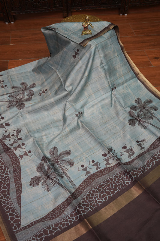 Semi Raw Silk Saree with Warli Digital Prints – Powder Blue & Chocolate Brown