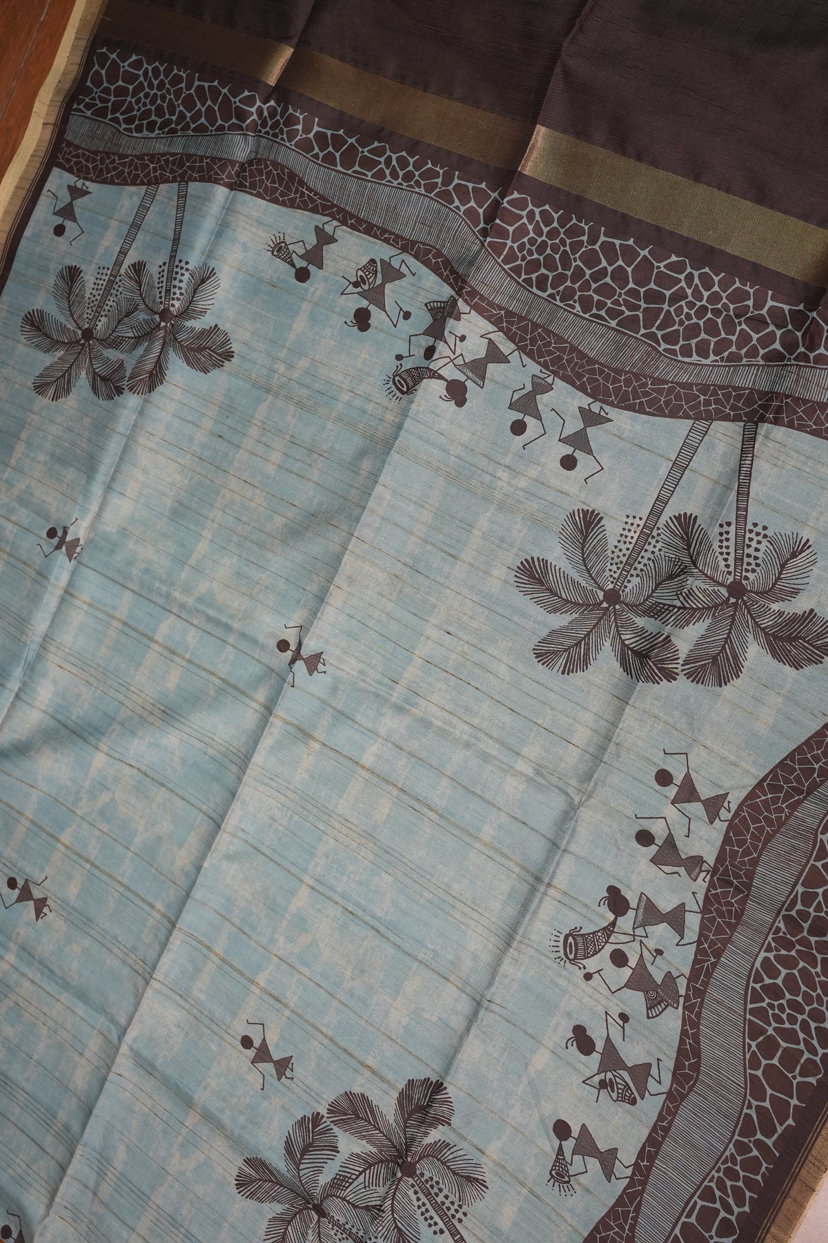 Semi Raw Silk Saree with Warli Digital Prints – Powder Blue & Chocolate Brown