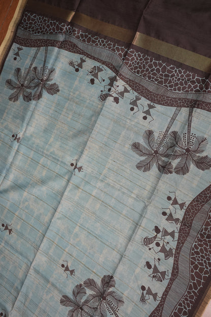 Semi Raw Silk Saree with Warli Digital Prints – Powder Blue & Chocolate Brown