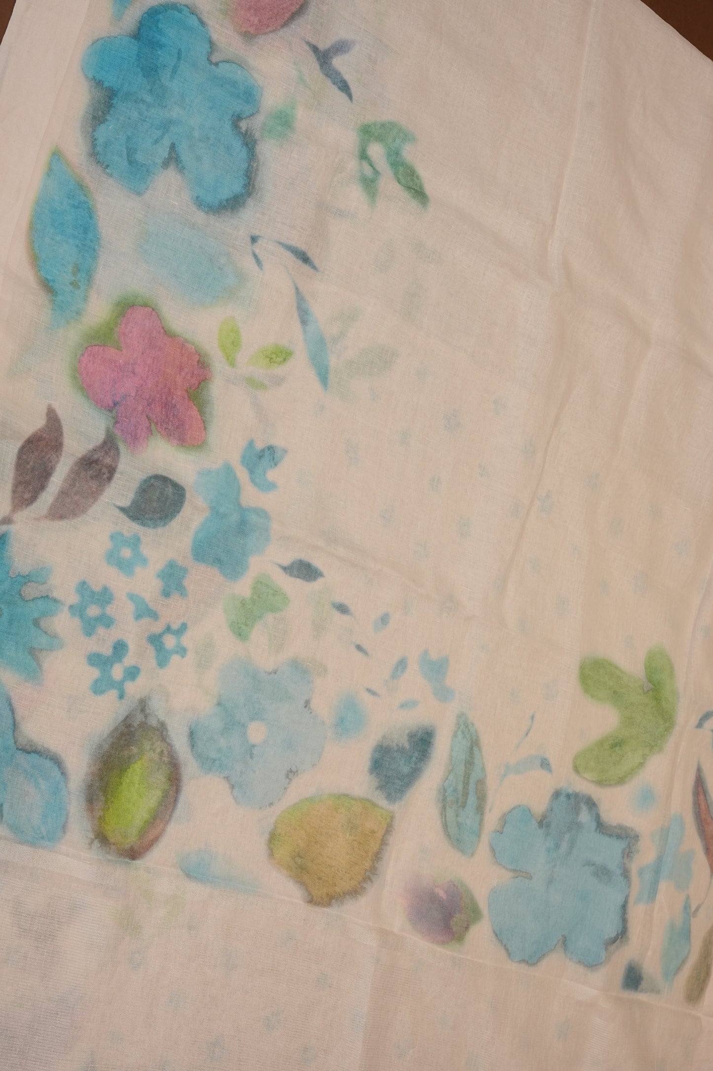 Elegant White Floral Painted Linen Cotton Saree