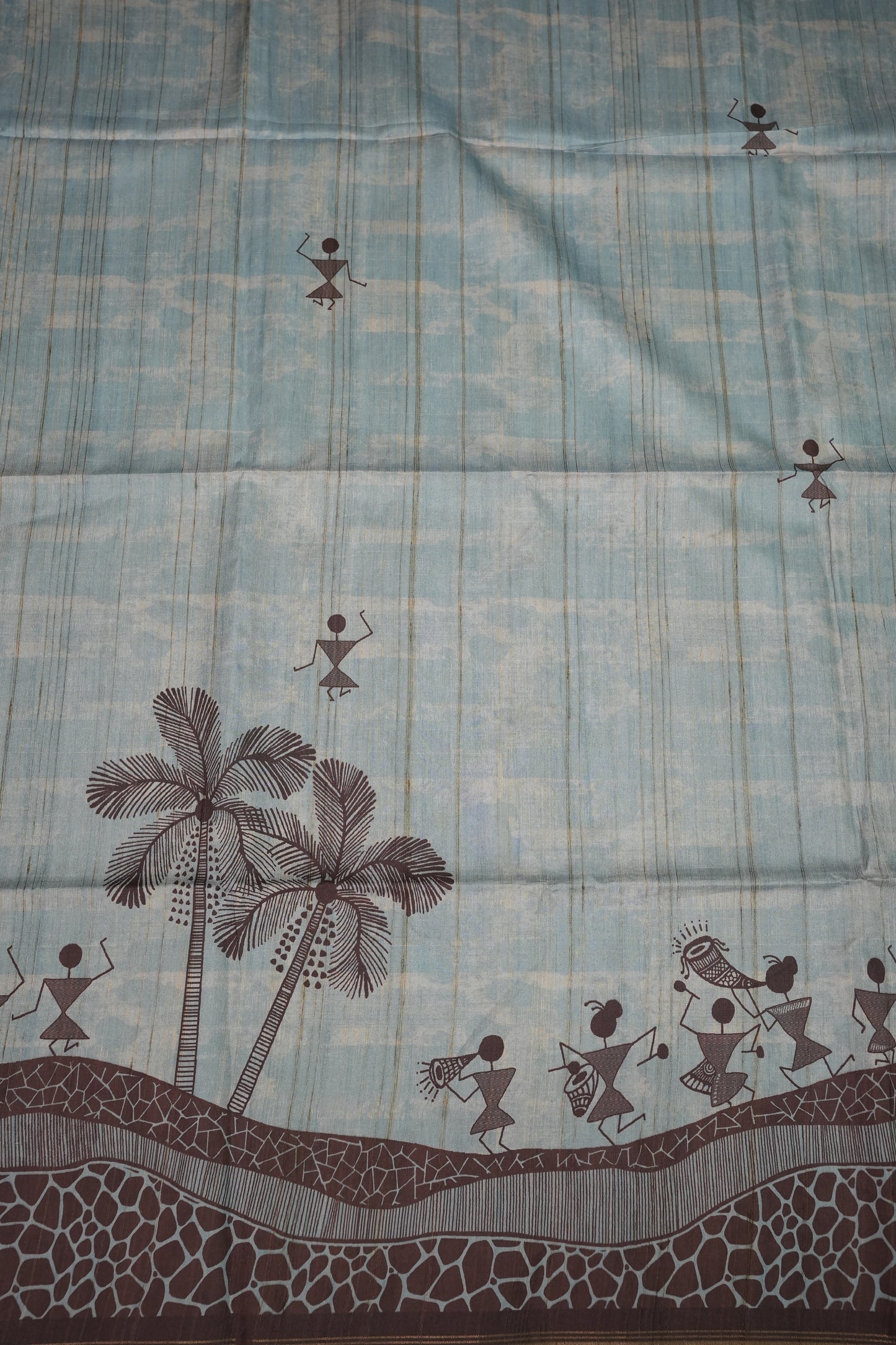 Semi Raw Silk Saree with Warli Digital Prints – Powder Blue & Chocolate Brown