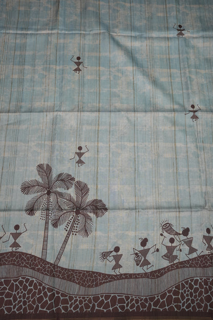 Semi Raw Silk Saree with Warli Digital Prints – Powder Blue & Chocolate Brown