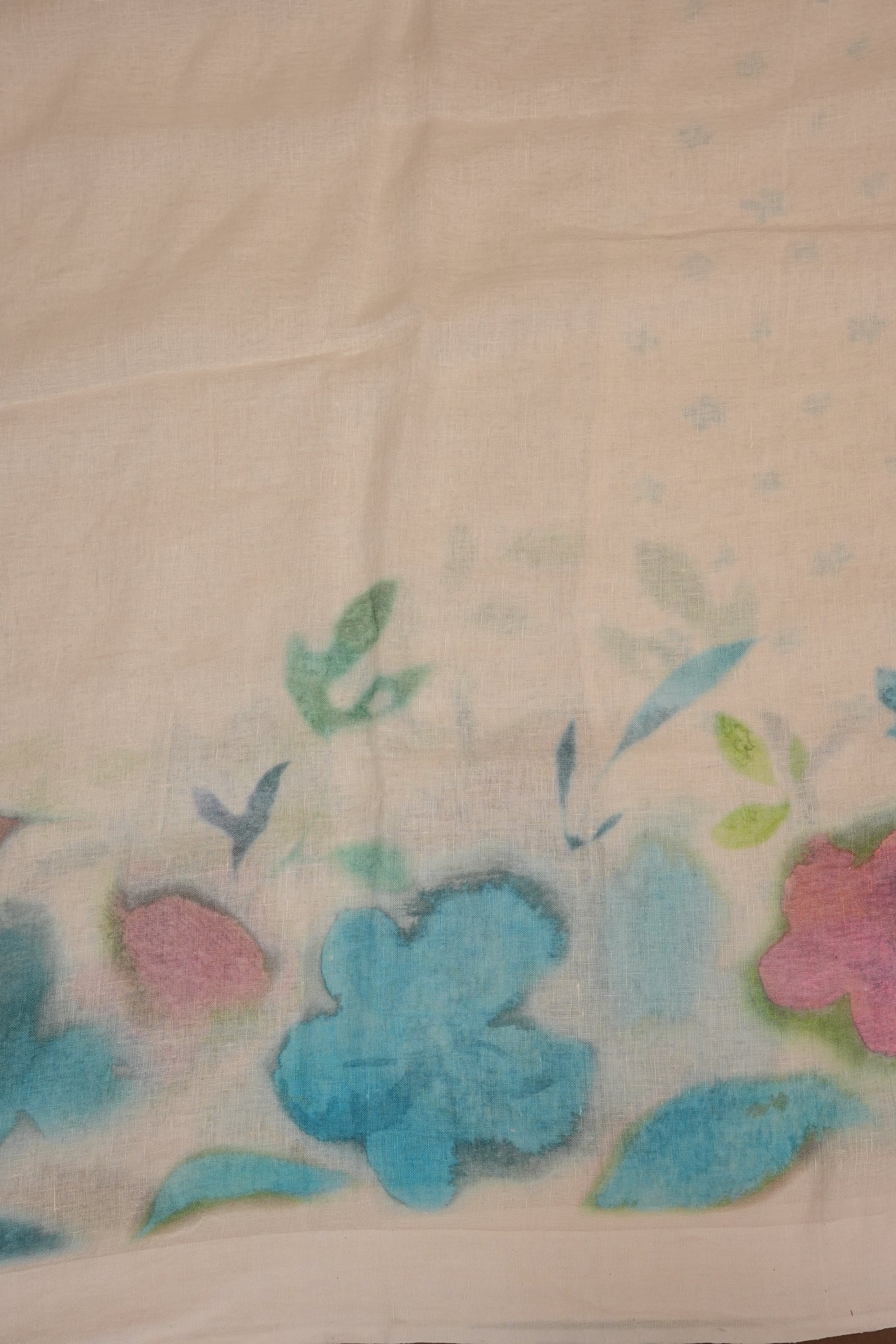 Elegant White Floral Painted Linen Cotton Saree