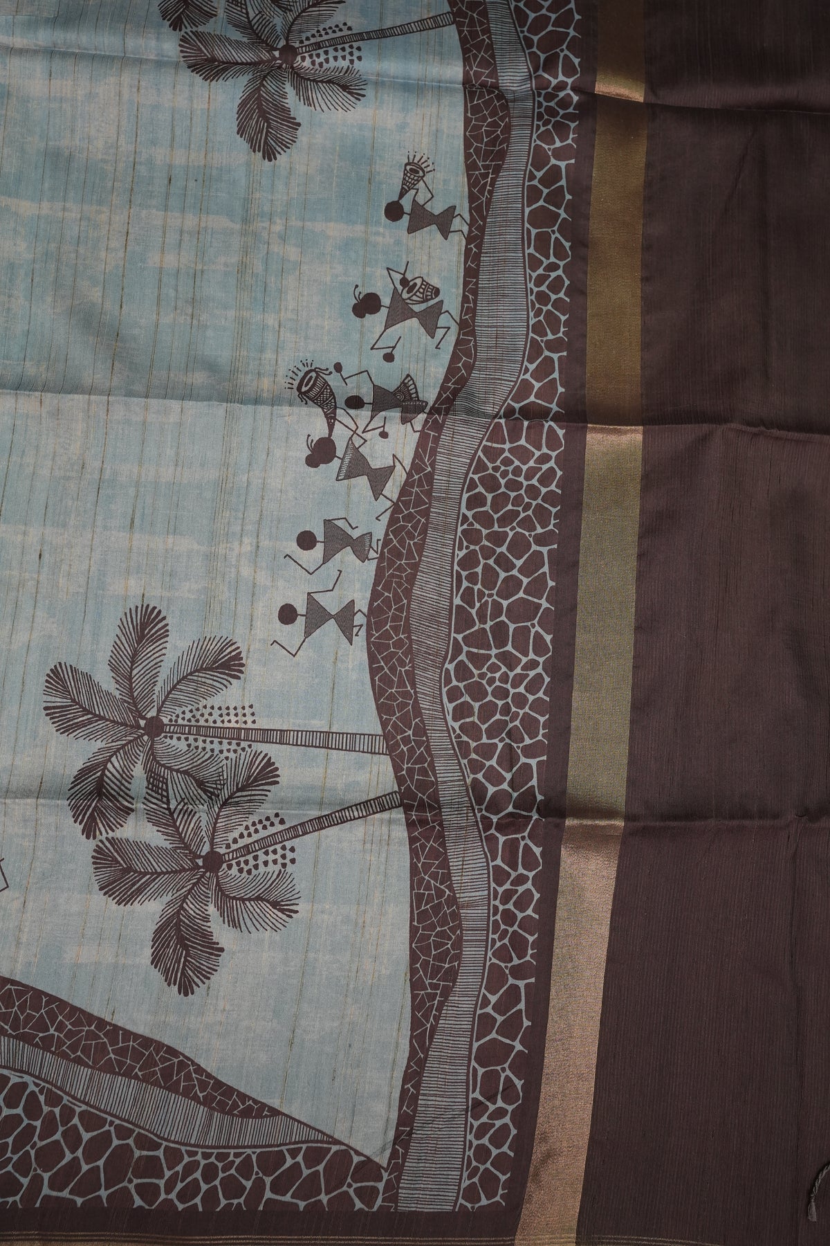 Semi Raw Silk Saree with Warli Digital Prints – Powder Blue & Chocolate Brown