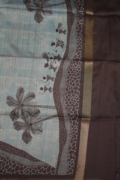 Semi Raw Silk Saree with Warli Digital Prints – Powder Blue & Chocolate Brown