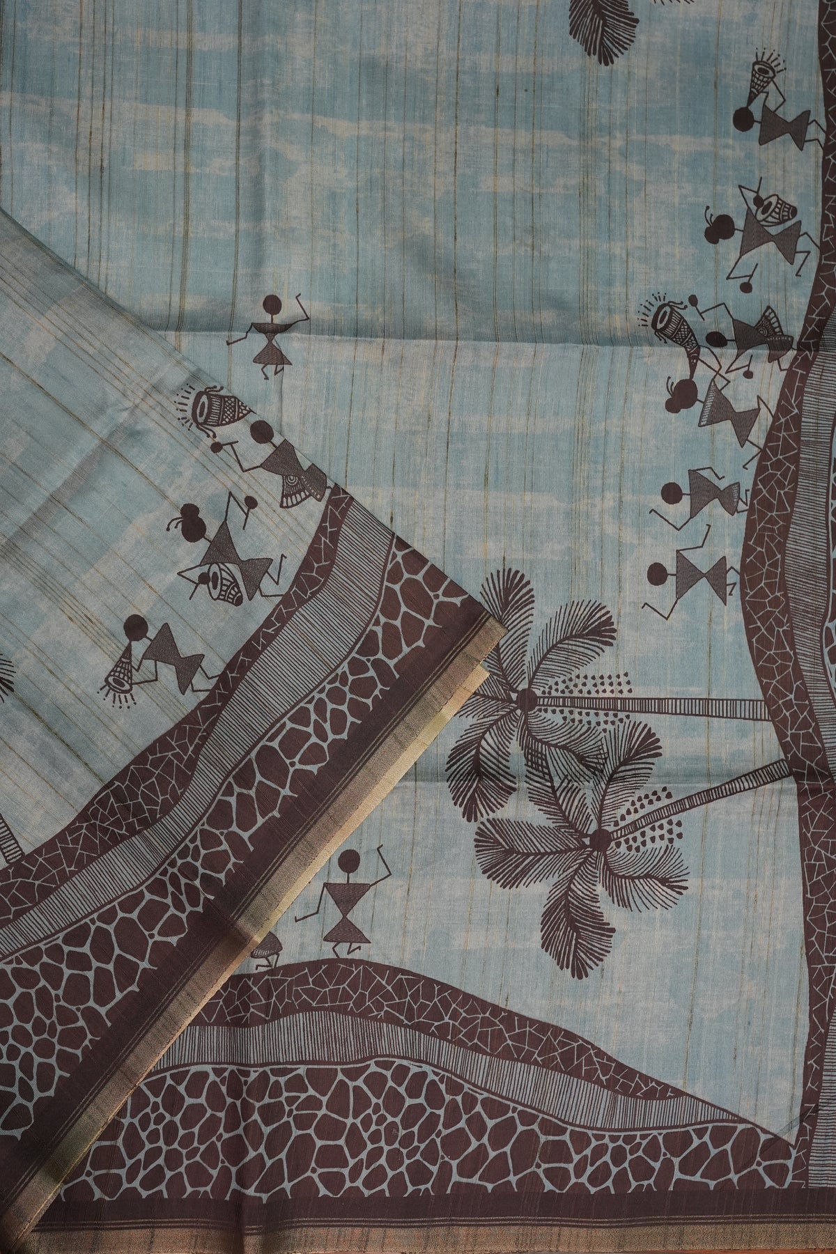Semi Raw Silk Saree with Warli Digital Prints – Powder Blue & Chocolate Brown
