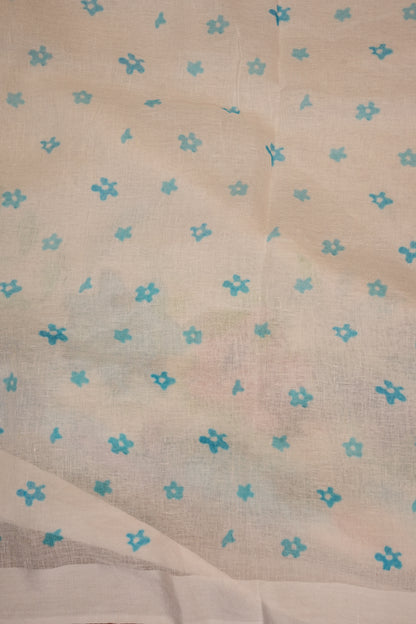 Elegant White Floral Painted Linen Cotton Saree