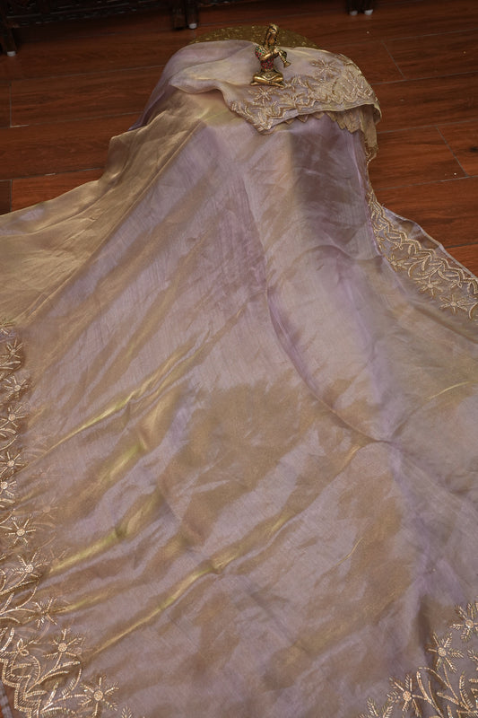 Party Wear Glass Tissue Saree with Embroidered Border & Designer Blouse – Lavender Purple