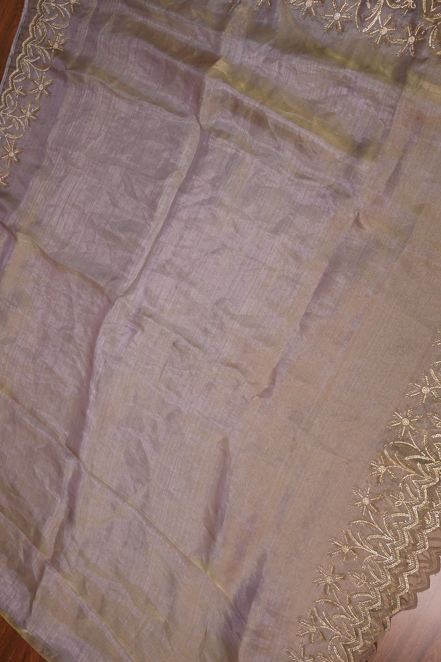 Party Wear Glass Tissue Saree with Embroidered Border & Designer Blouse – Lavender Purple