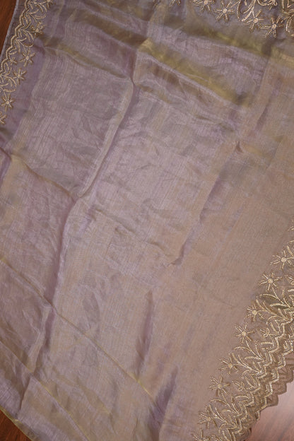 Party Wear Glass Tissue Saree with Embroidered Border & Designer Blouse – Lavender Purple