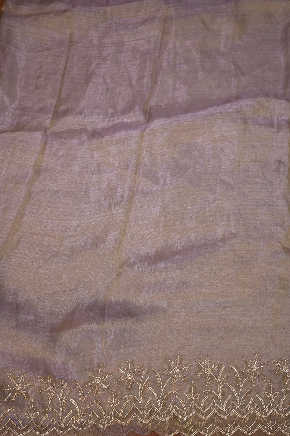 Party Wear Glass Tissue Saree with Embroidered Border & Designer Blouse – Lavender Purple