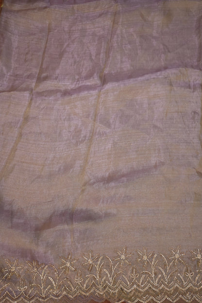 Party Wear Glass Tissue Saree with Embroidered Border & Designer Blouse – Lavender Purple
