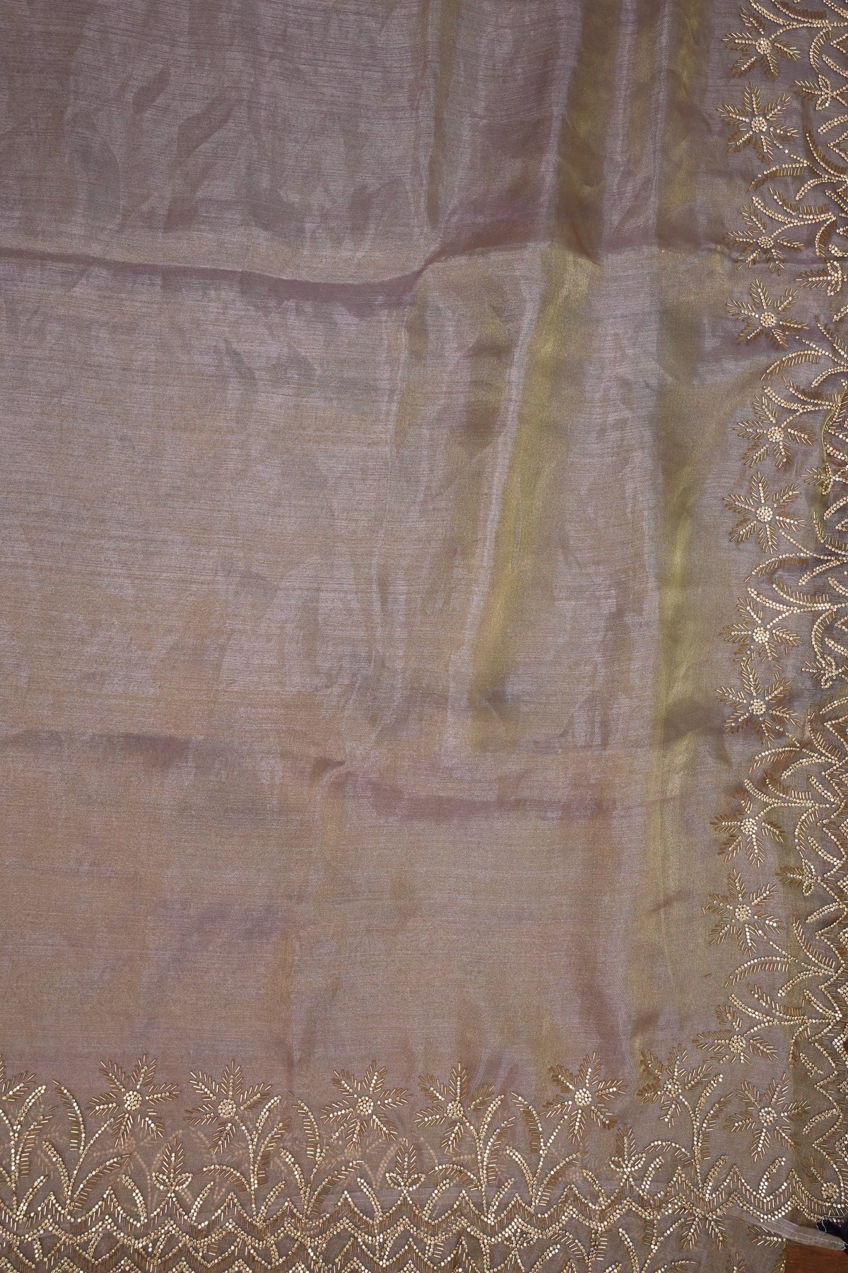 Party Wear Glass Tissue Saree with Embroidered Border & Designer Blouse – Lavender Purple