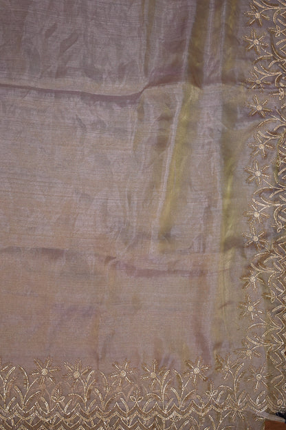 Party Wear Glass Tissue Saree with Embroidered Border & Designer Blouse – Lavender Purple