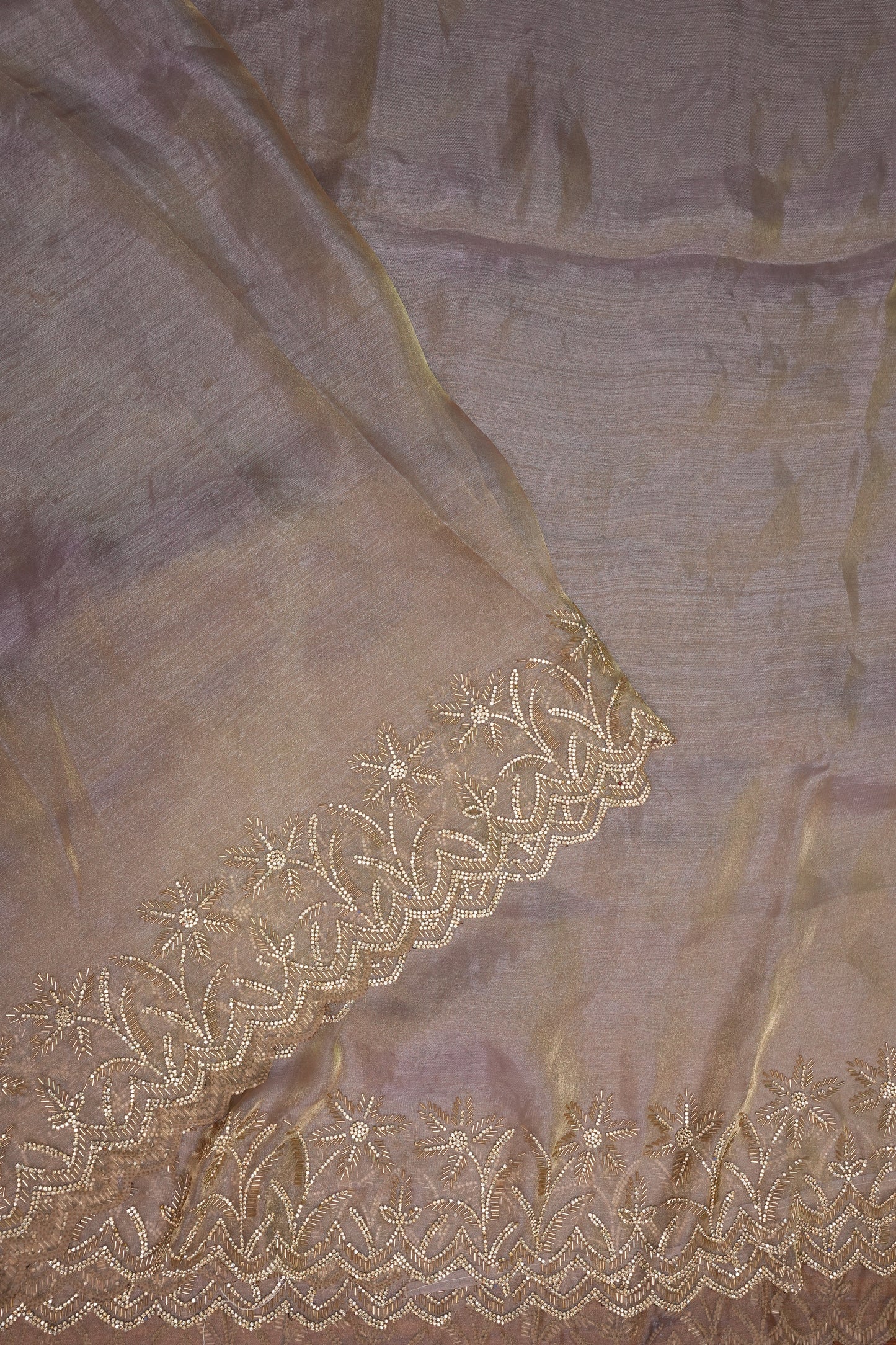 Party Wear Glass Tissue Saree with Embroidered Border & Designer Blouse – Lavender Purple