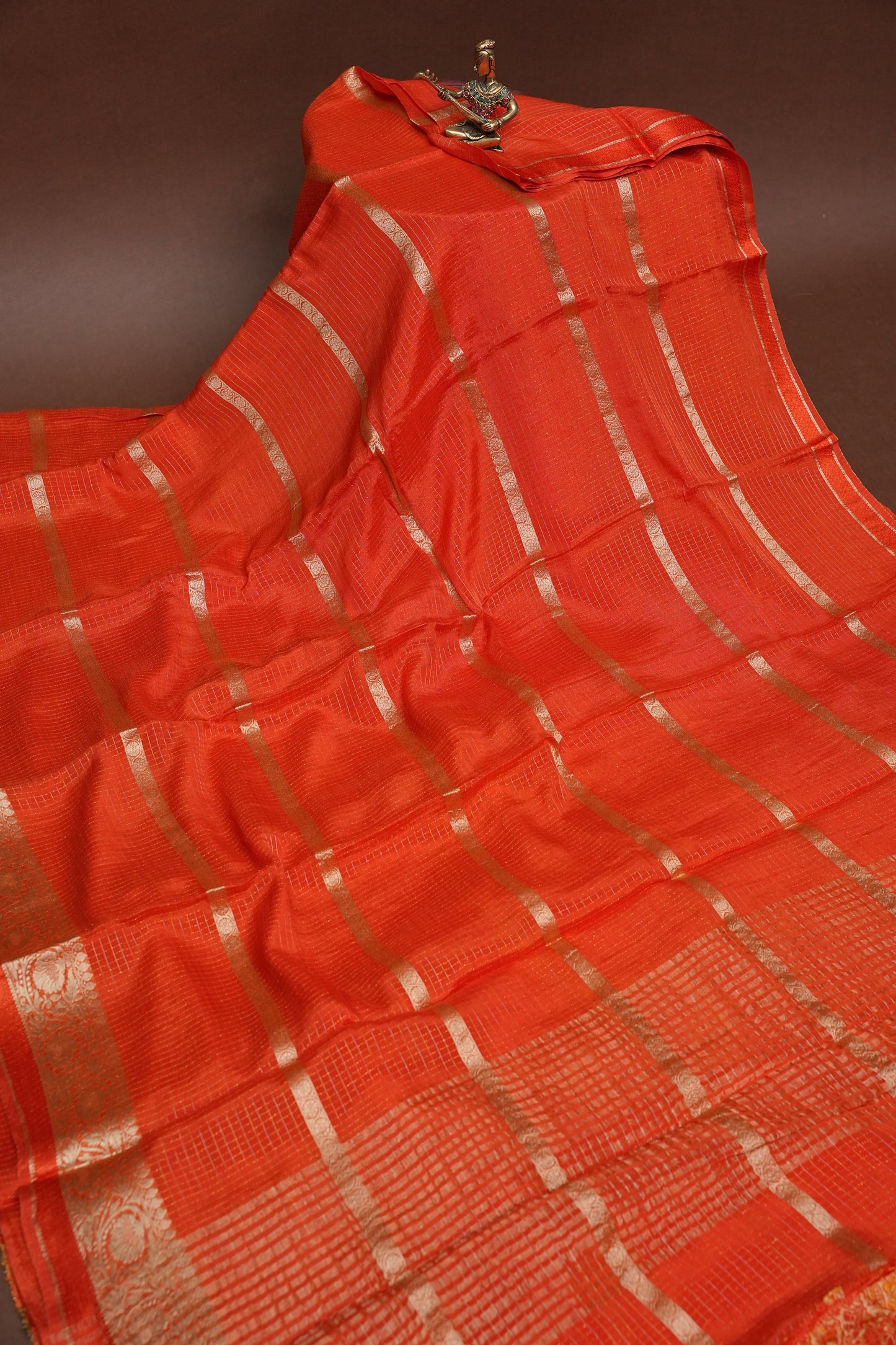 Coral Orange Crepe Silk Saree with Antique Gold Zari Border and Microchecks