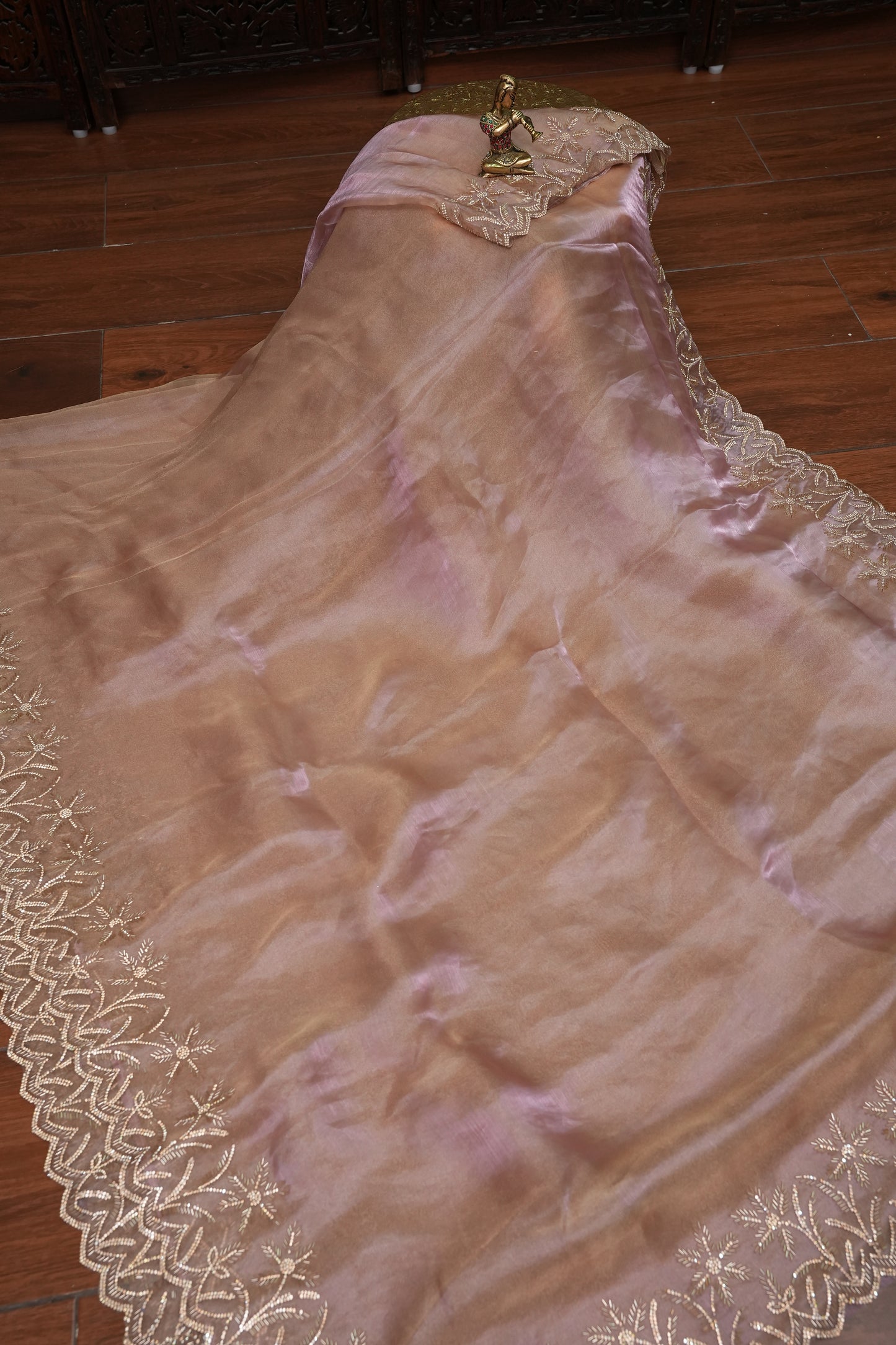 Party Wear Glass Tissue Saree with Embroidered Border & Designer Blouse – Peach