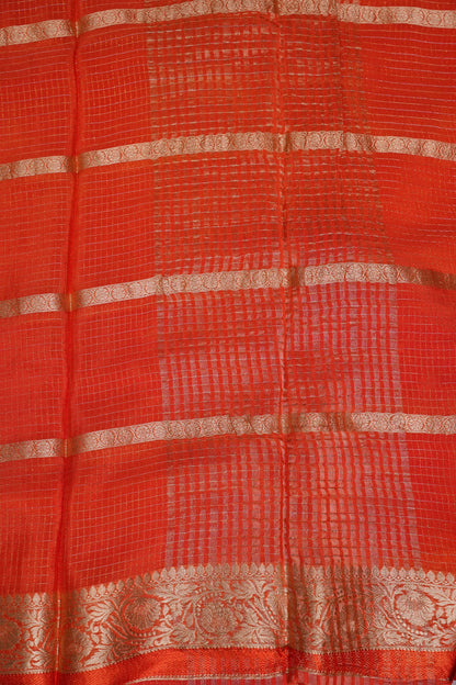 Coral Orange Crepe Silk Saree with Antique Gold Zari Border and Microchecks