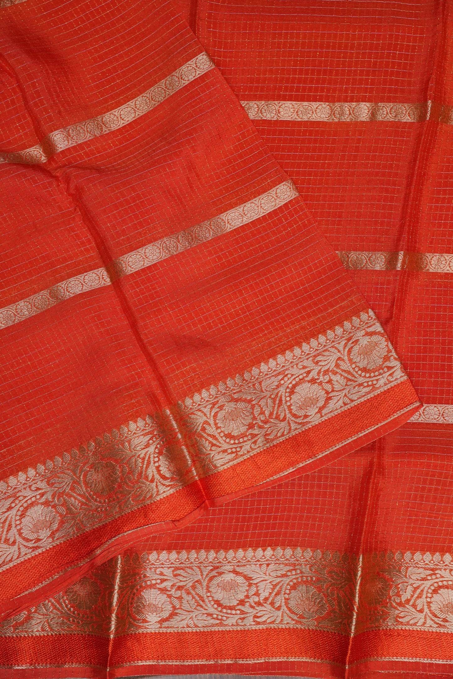 Coral Orange Crepe Silk Saree with Antique Gold Zari Border and Microchecks