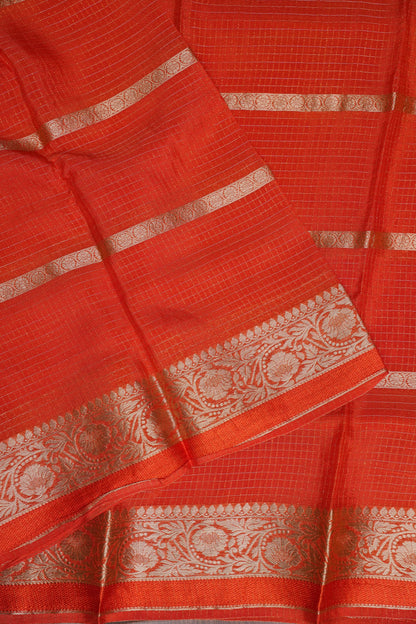 Coral Orange Crepe Silk Saree with Antique Gold Zari Border and Microchecks