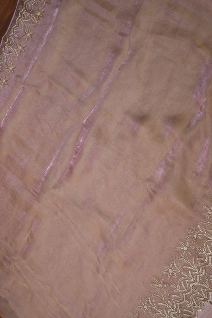 Party Wear Glass Tissue Saree with Embroidered Border & Designer Blouse – Peach