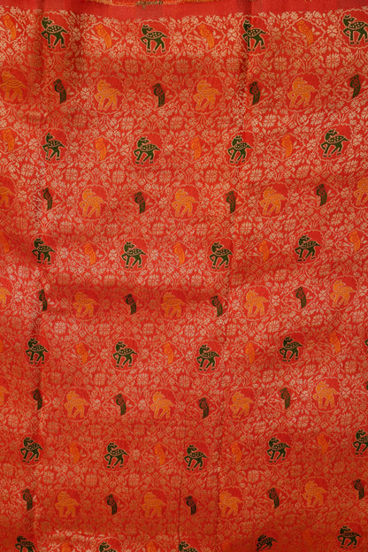 Coral Orange Crepe Silk Saree with Antique Gold Zari Border and Microchecks