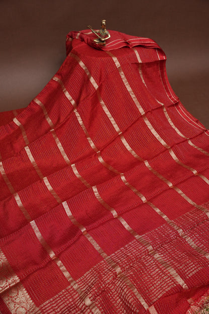 Deep Crimson Crepe Silk Saree with Elegant Gold Zari Checks-Silk Mark Certified.