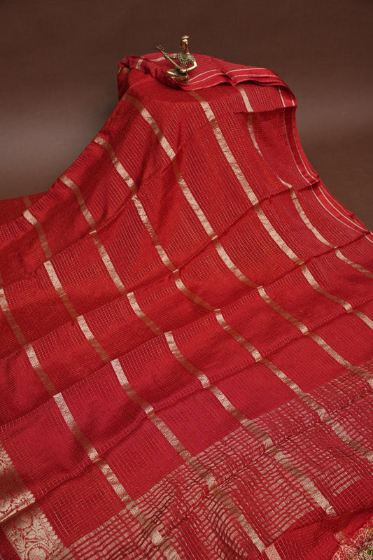 Deep Crimson Crepe Silk Saree with Elegant Gold Zari Checks-Silk Mark Certified.