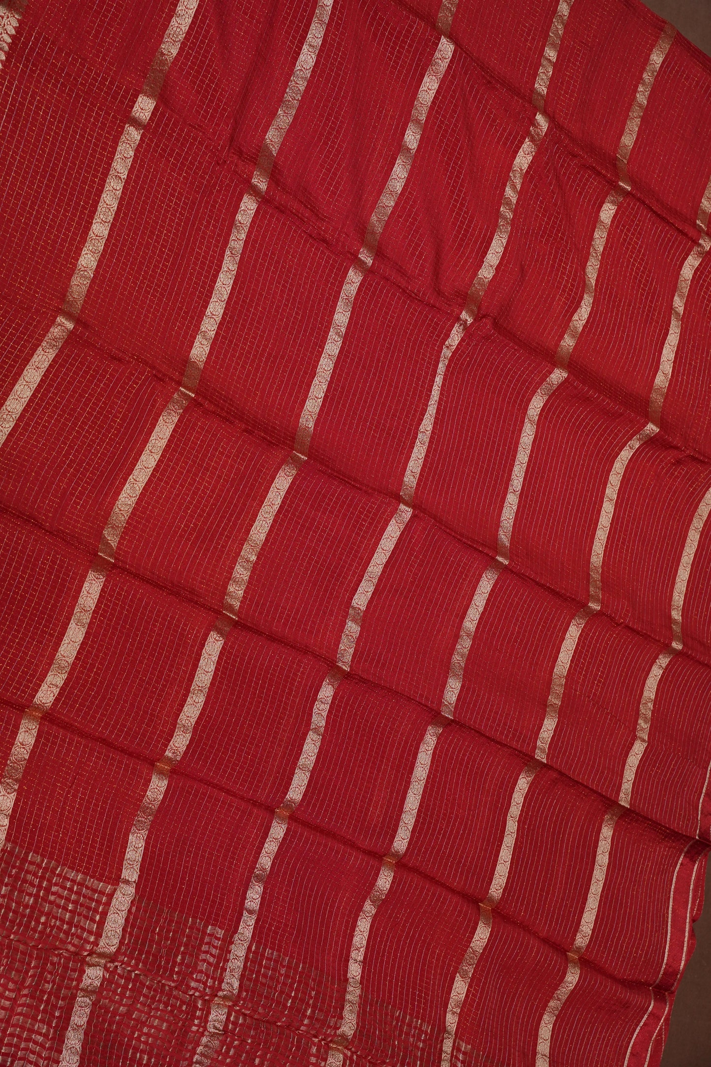 Deep Crimson Crepe Silk Saree with Elegant Gold Zari Checks-Silk Mark Certified.