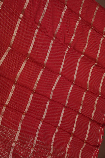 Deep Crimson Crepe Silk Saree with Elegant Gold Zari Checks-Silk Mark Certified.