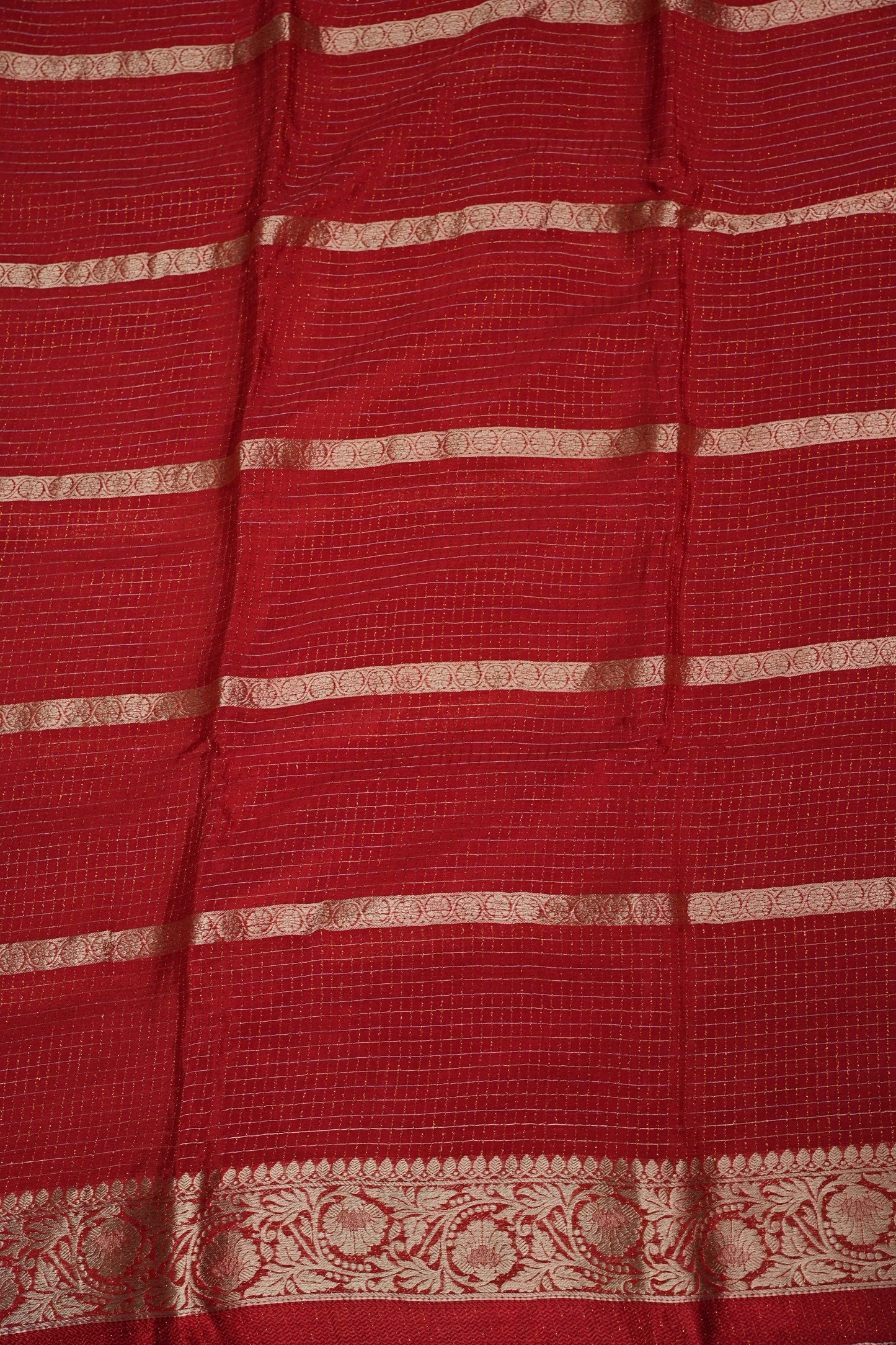 Deep Crimson Crepe Silk Saree with Elegant Gold Zari Checks-Silk Mark Certified.