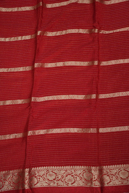 Deep Crimson Crepe Silk Saree with Elegant Gold Zari Checks-Silk Mark Certified.