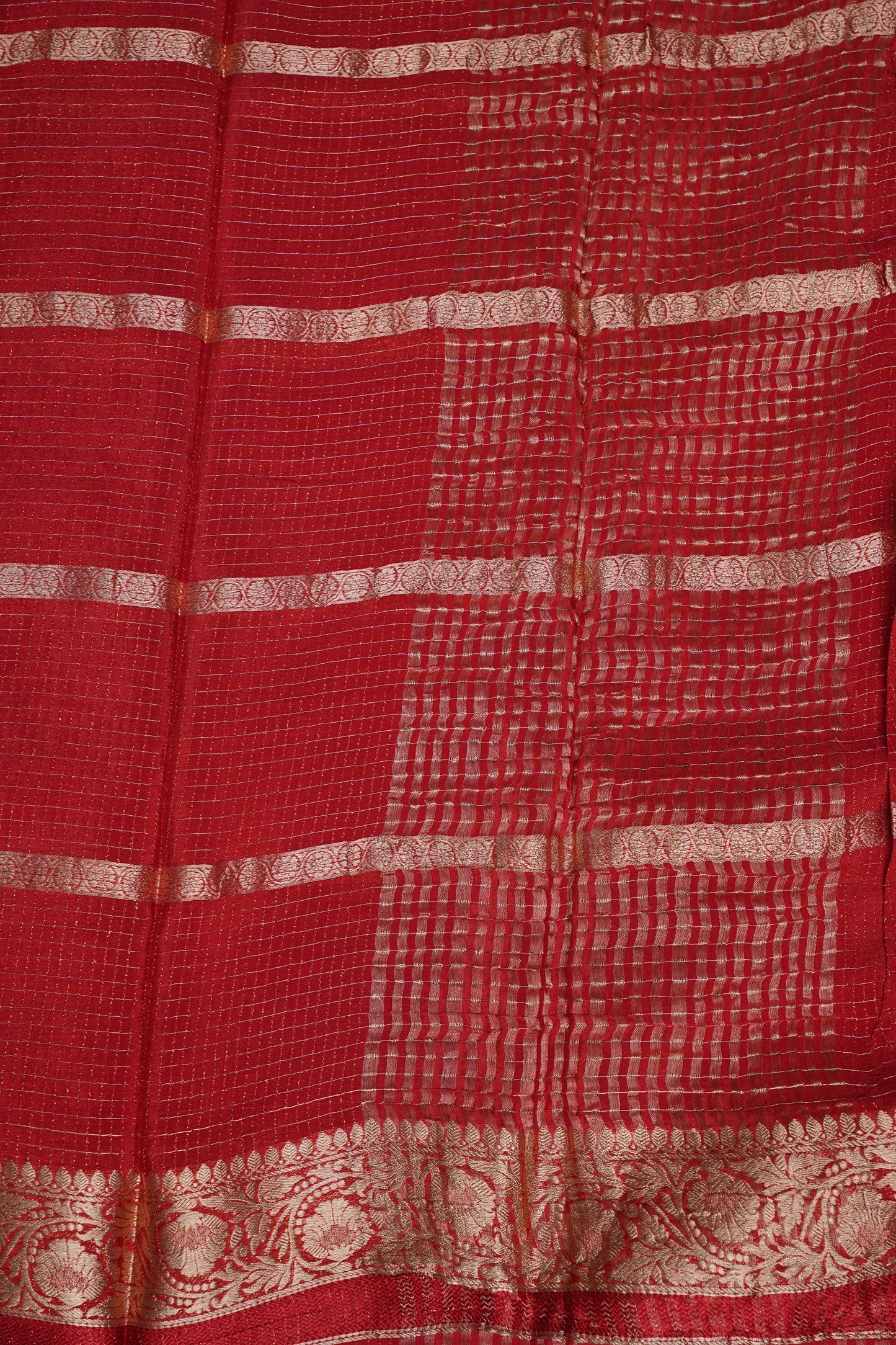 Deep Crimson Crepe Silk Saree with Elegant Gold Zari Checks-Silk Mark Certified.