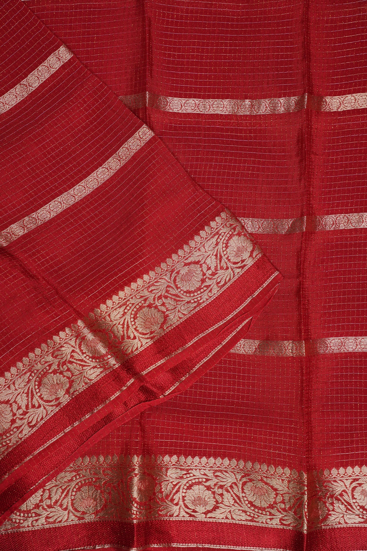 Deep Crimson Crepe Silk Saree with Elegant Gold Zari Checks-Silk Mark Certified.