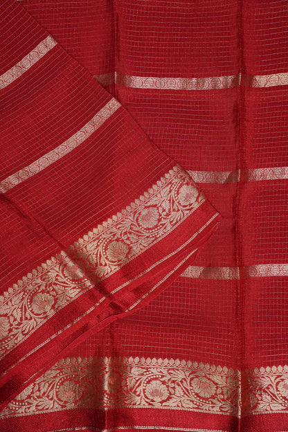 Deep Crimson Crepe Silk Saree with Elegant Gold Zari Checks-Silk Mark Certified.