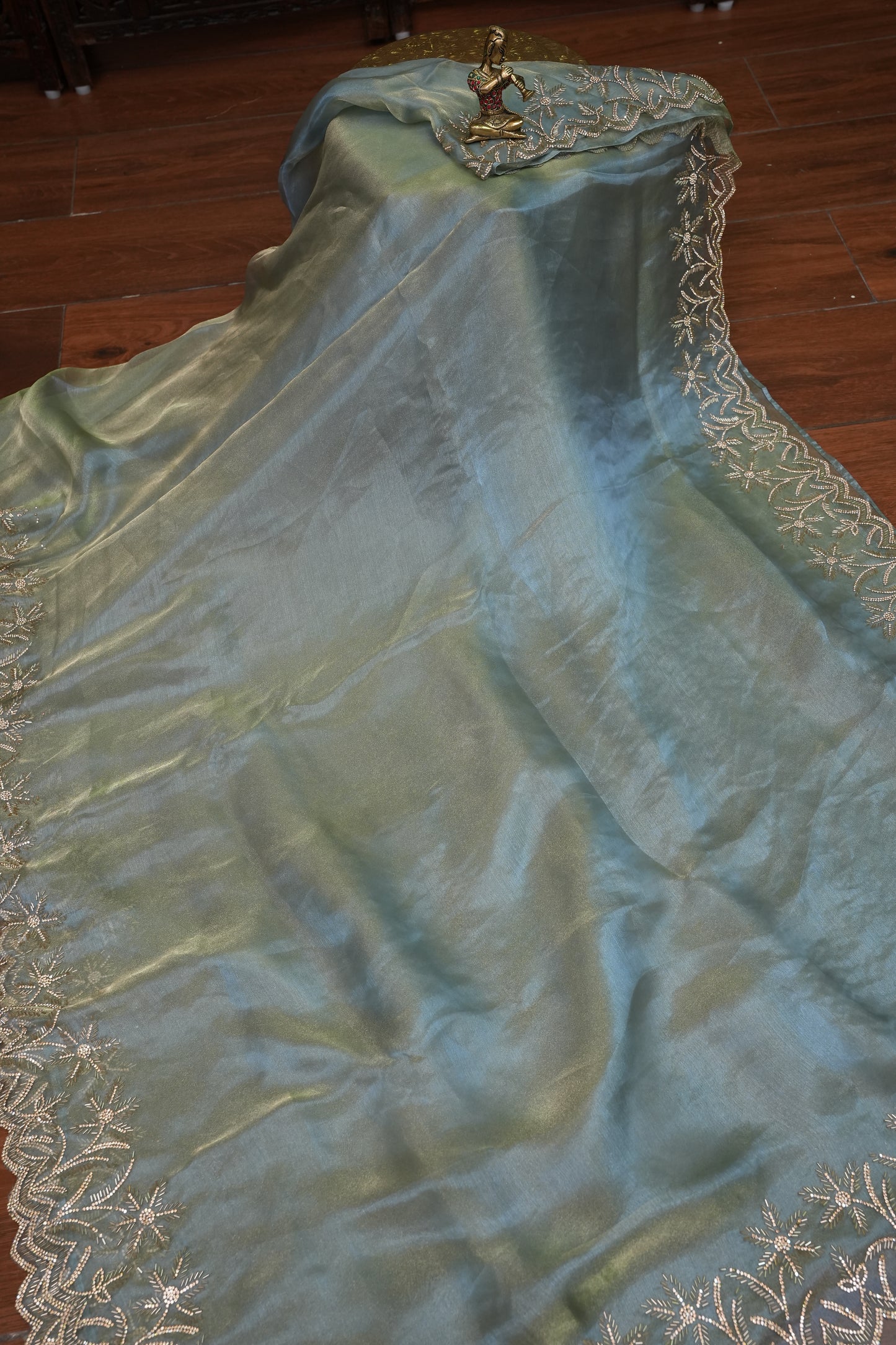Party Wear Glass Tissue Saree with Embroidered Border & Designer Blouse – Sea Green