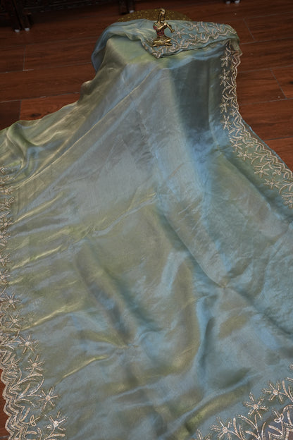 Party Wear Glass Tissue Saree with Embroidered Border & Designer Blouse – Sea Green