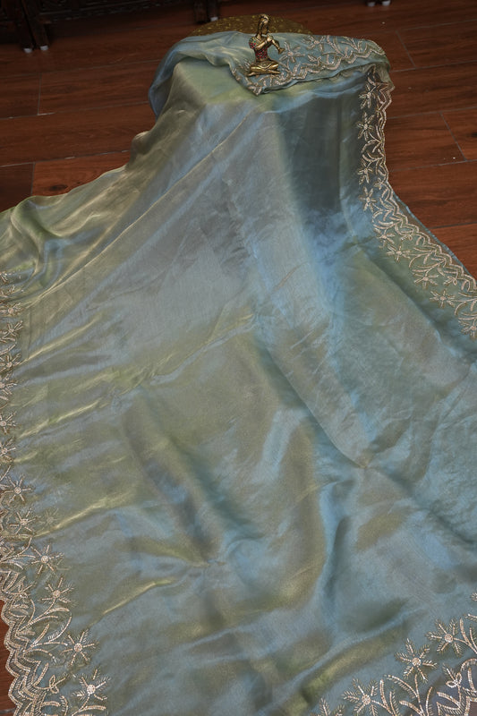 Party Wear Glass Tissue Saree with Embroidered Border & Designer Blouse – Sea Green