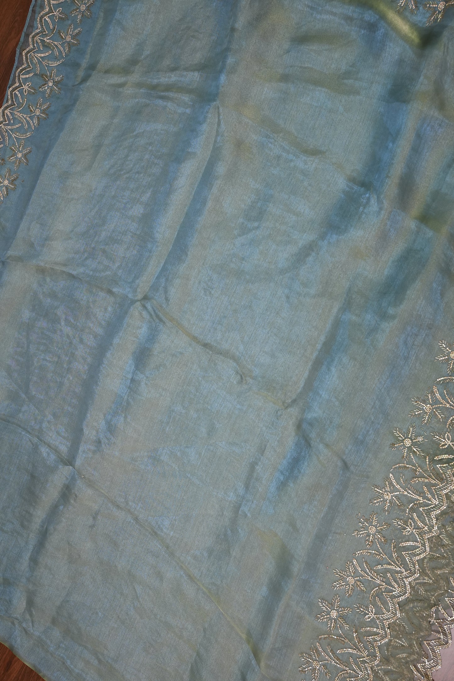 Party Wear Glass Tissue Saree with Embroidered Border & Designer Blouse – Sea Green