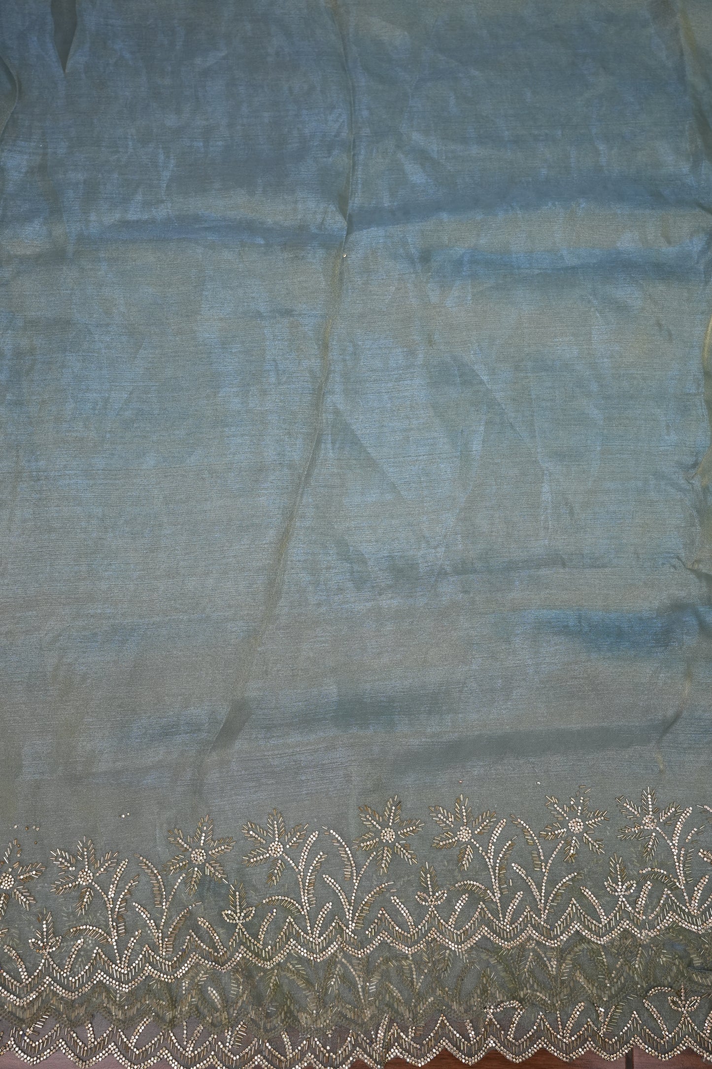 Party Wear Glass Tissue Saree with Embroidered Border & Designer Blouse – Sea Green