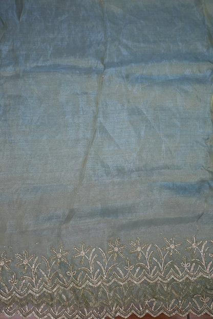 Party Wear Glass Tissue Saree with Embroidered Border & Designer Blouse – Sea Green