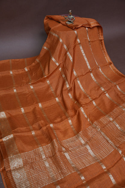 Copper Brown Crepe Silk Saree with Antique Gold Zari Border and Microchecks