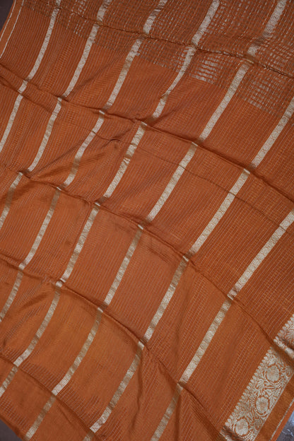 Copper Brown Crepe Silk Saree with Antique Gold Zari Border and Microchecks