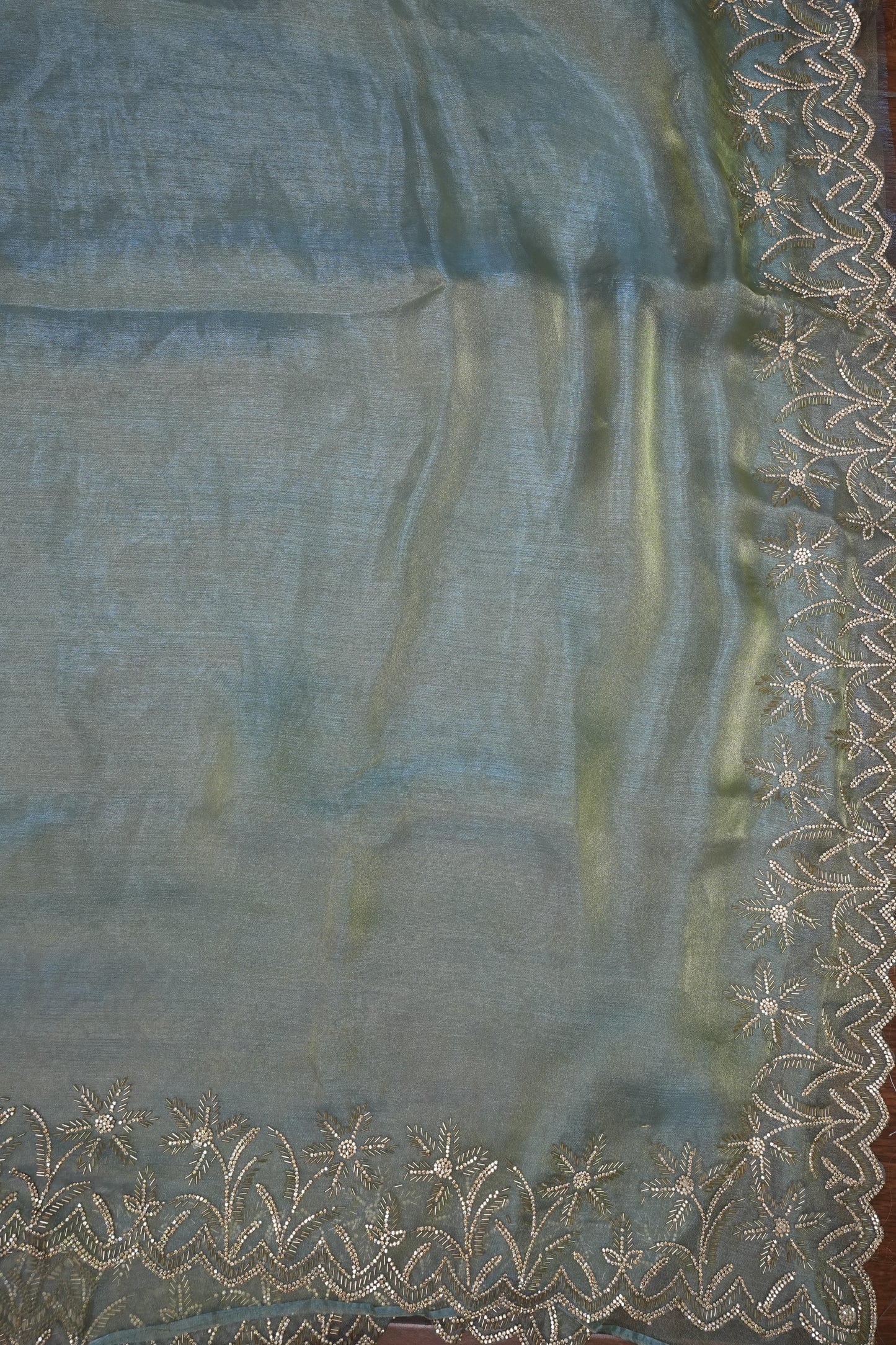Party Wear Glass Tissue Saree with Embroidered Border & Designer Blouse – Sea Green