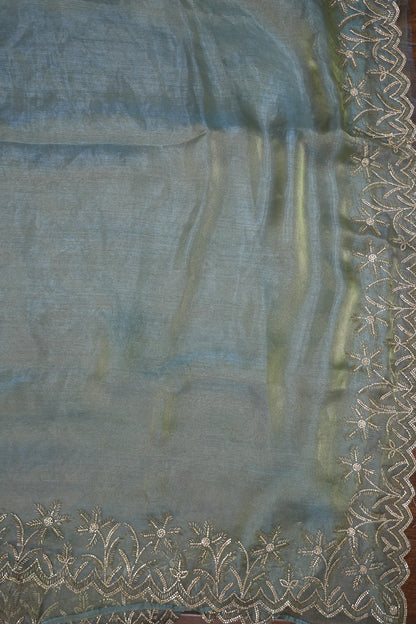 Party Wear Glass Tissue Saree with Embroidered Border & Designer Blouse – Sea Green