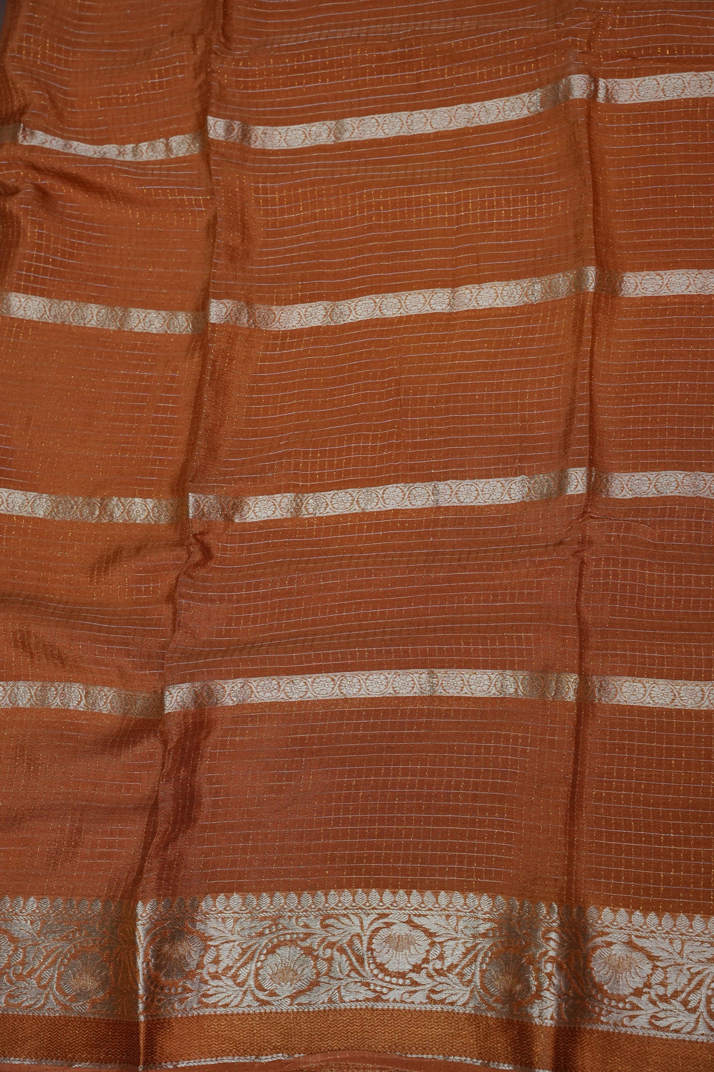 Copper Brown Crepe Silk Saree with Antique Gold Zari Border and Microchecks